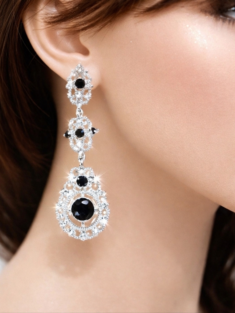 Women's Silver  Filigree Earrings - Black Stone, Sparkling Post Dangle Jewelry